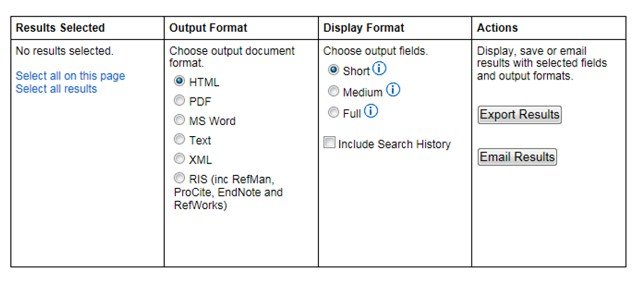Options for exporting search results from the NHS Evidence website