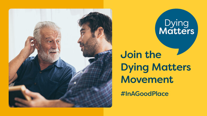 Yellow Dying Matters Movement graphic with and older and younger man talking
