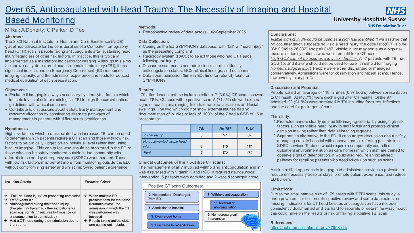 A review of Computed Tomography use in the Emergency Department for those over 65 on anticoagulants presenting with head injury poster preview image