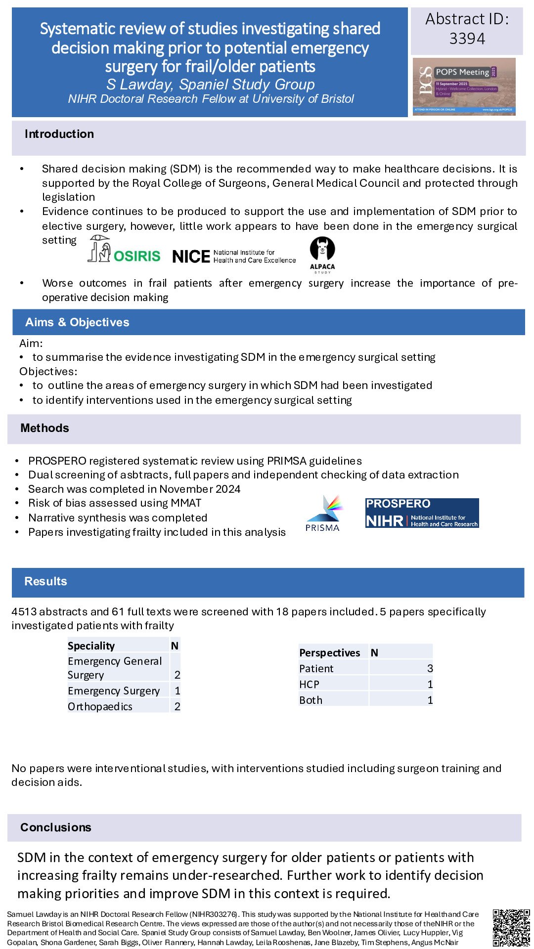  Systematic review of studies investigating shared decision making prior to potential emergency surgery for frail/older patients poster preview image
