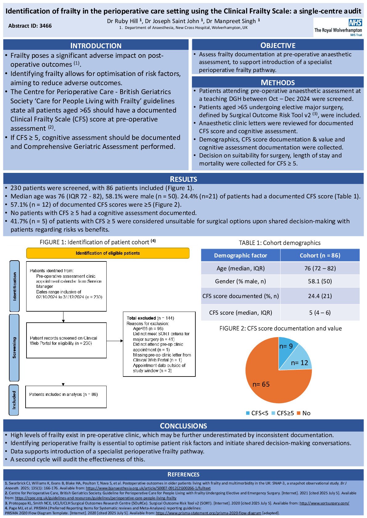 Identification of frailty in the perioperative care setting using the Clinical Frailty Scale: a single-centre audit poster preview image