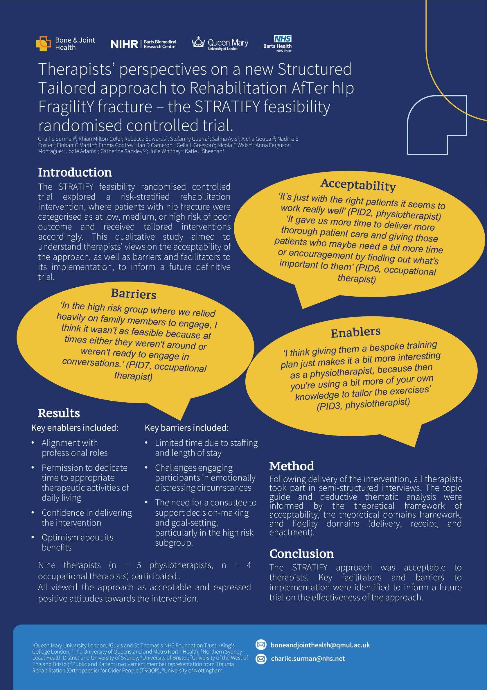 Therapists’ perspectives on a new Structured Tailored approach to Rehabilitation AfTer hIp FragilitY fracture – the STRATIFY feasibility randomised controlled trial. poster preview image