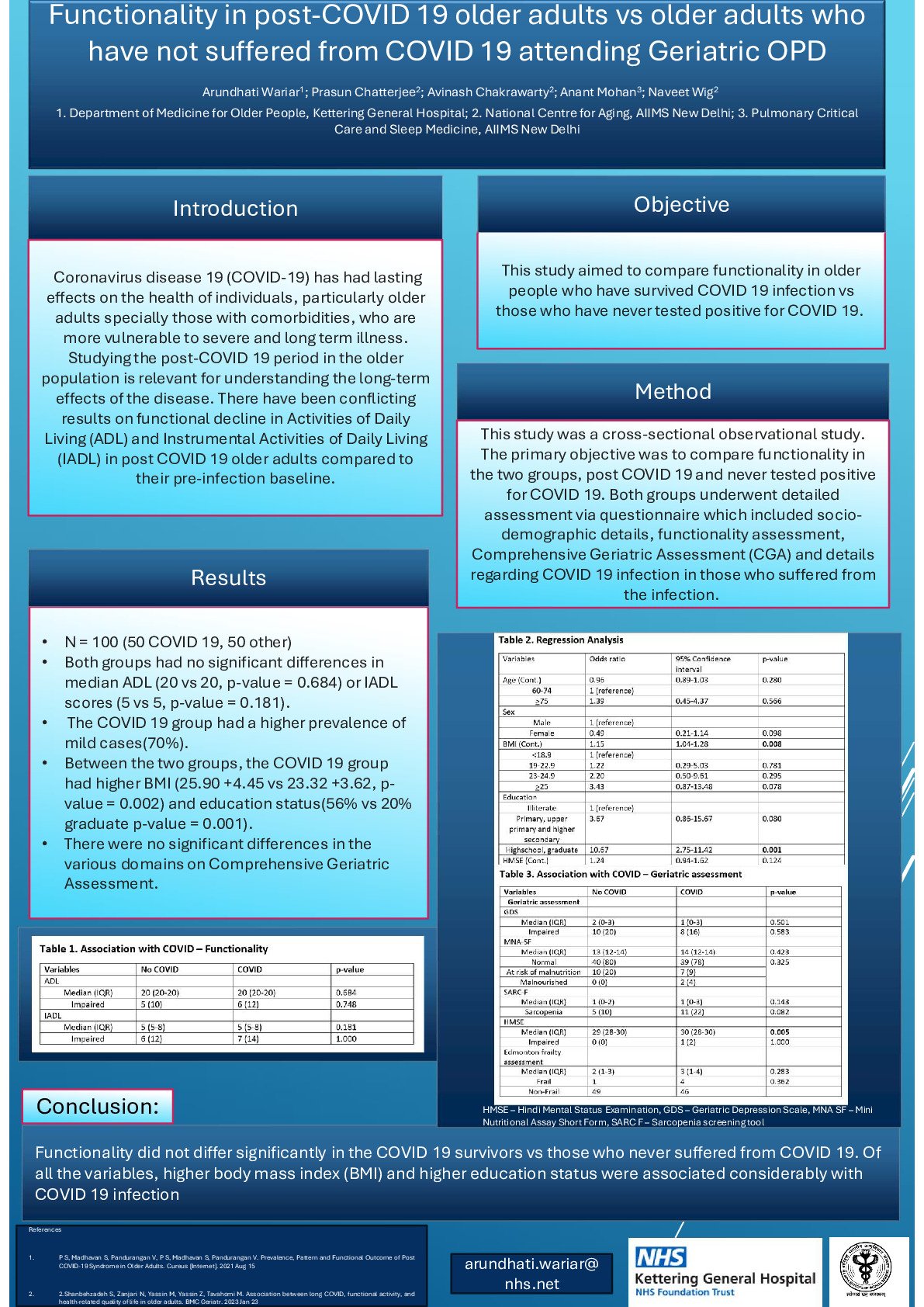 Functionality in post-COVID 19 older adults vs older adults who have not suffered from COVID 19 attending Geriatric OPD poster preview image