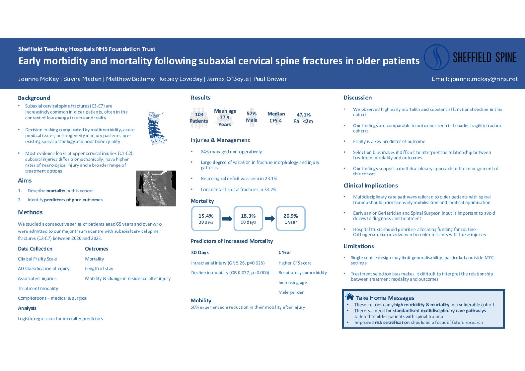 Early morbidity and mortality following subaxial cervical spine fractures in older patients poster preview image