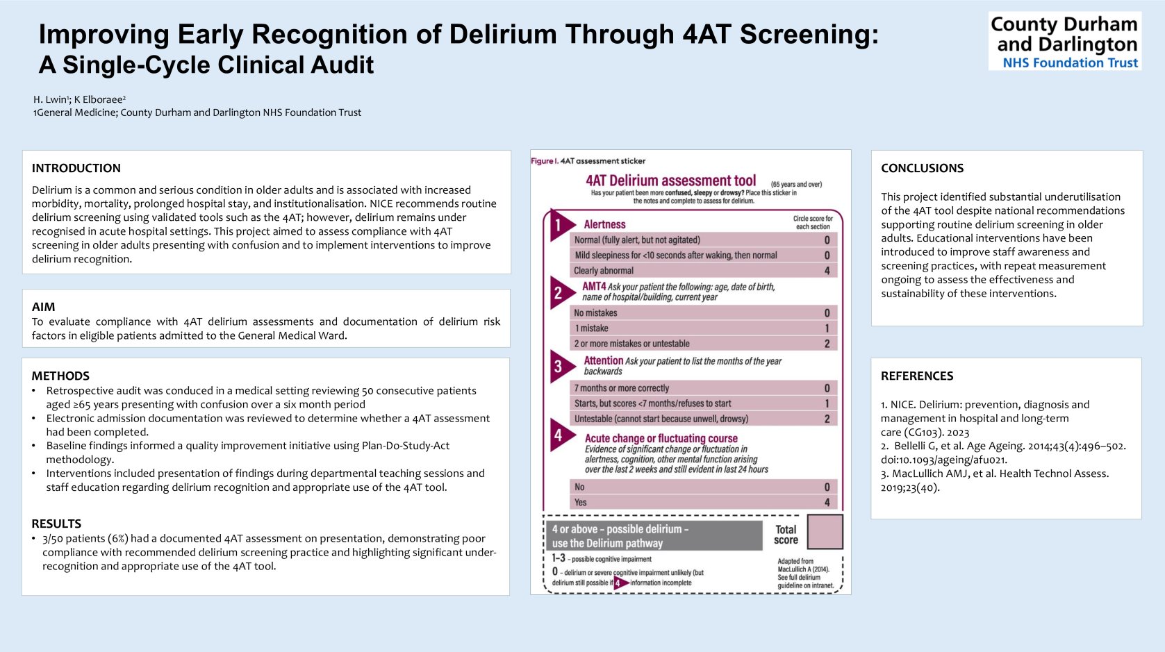 Improving Early Recognition of Delirium Through 4AT Screening: A Single-Cycle Clinical Audit poster preview image