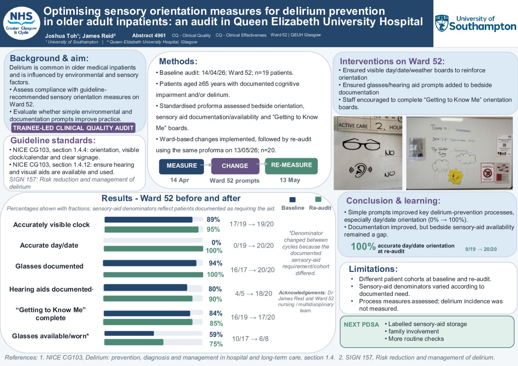 Optimising sensory orientation measures for delirium prevention  in older adult inpatients: an audit in Queen Elizabeth University Hospital poster preview image