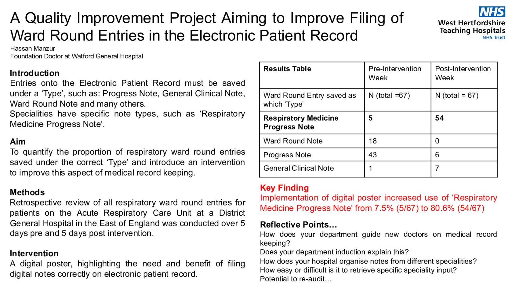  A Quality Improvement Project Aiming to Improve Filing of Ward Round Entries in the Electronic Patient Record poster preview image