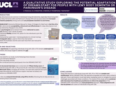 A qualitative study exploring the potential adaptation of DREAMS:START for people with Lewy Body Dementia or Parkinson's Disease poster preview image