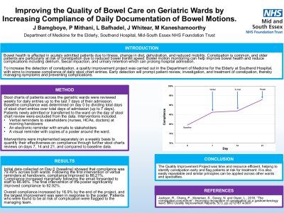Improving the quality of bowel care on geriatric wards by increasing compliance of daily documentation of bowel motions.  poster preview image