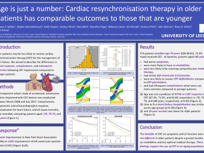 Age is just a number: Cardiac resynchronisation therapy in older patients has comparable outcomes to those that are younger  poster preview image