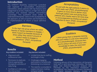 Therapists’ perspectives on a new Structured Tailored approach to Rehabilitation AfTer hIp FragilitY fracture – the STRATIFY feasibility randomised controlled trial. poster preview image