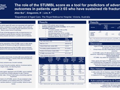 The role of the STUMBL score as a tool for predictors of adverse outcomes in patients aged ≥ 65 who have sustained rib fractures poster preview image