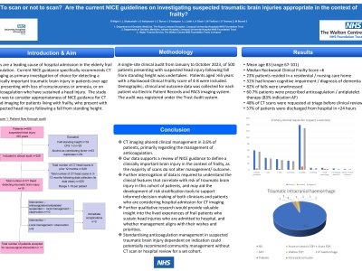 To scan or not to scan? Are the current NICE guidelines on investigating suspected traumatic brain injuries appropriate in the context of frailty? poster preview image