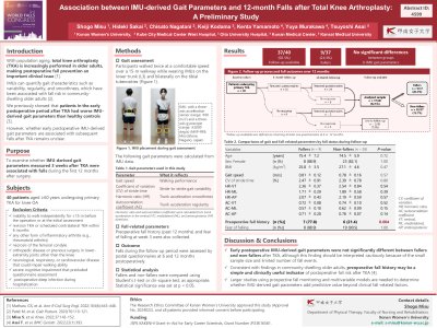 Association between IMU-derived Gait Parameters and 12-month Falls after Total Knee Arthroplasty:  A Preliminary Study poster preview image